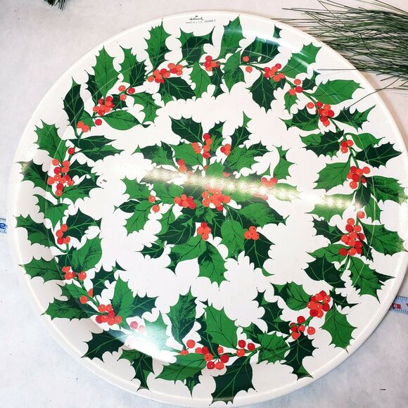 Vintage Metal Serving Tray Plate Christmas Holiday Hallmark Holly Berries 14” - Picture 5 of 6